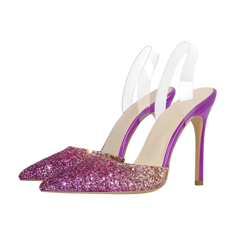 Women Pointed Toe Sequined Slingback Stiletto Thin Heel  Party Dress PVC Sandals