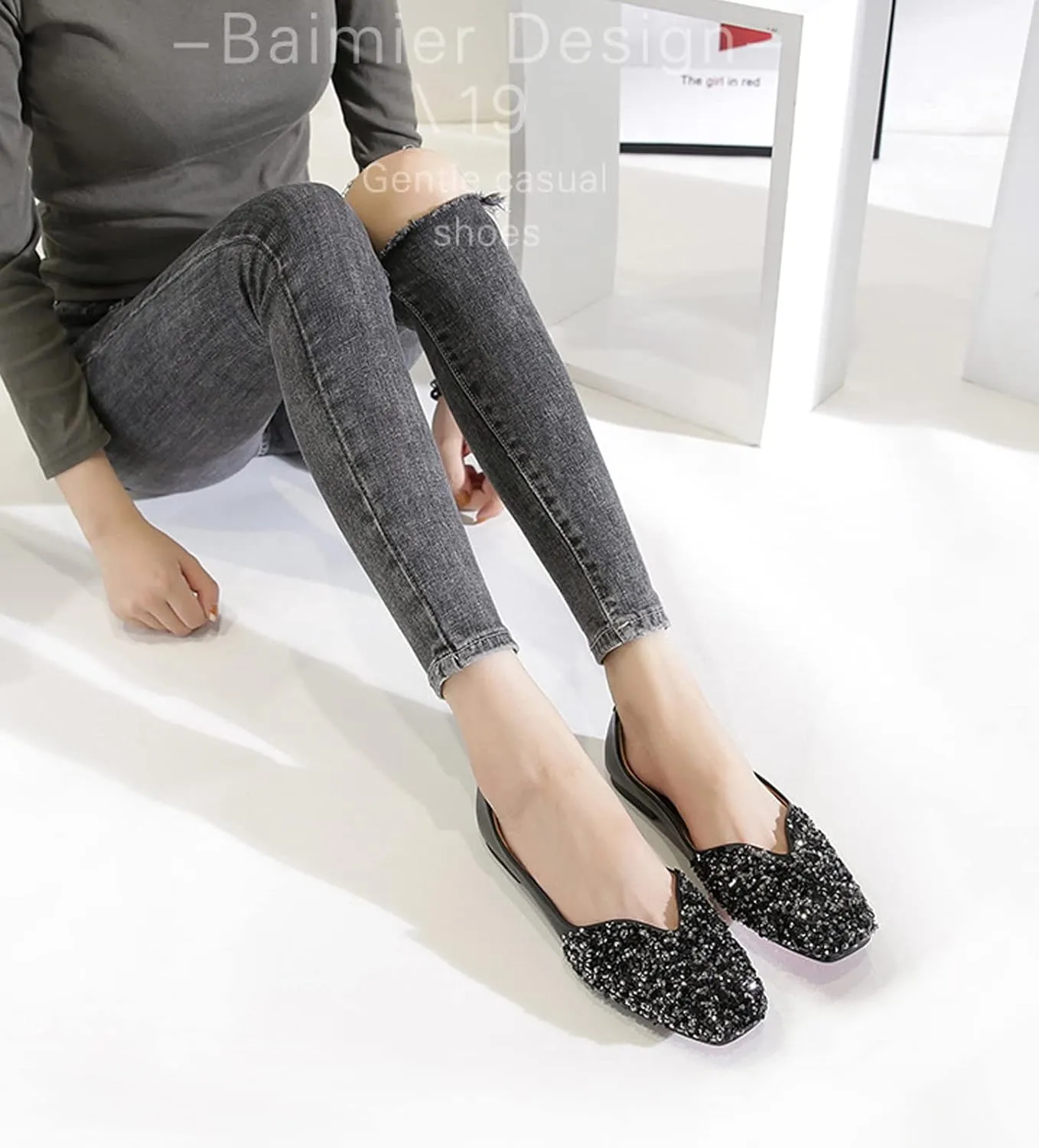Women Rhinestone Flats Silver,Square Toe Bling Glitter Dressy Casual Bridal Wedding Sparkly Comfortable Shoe