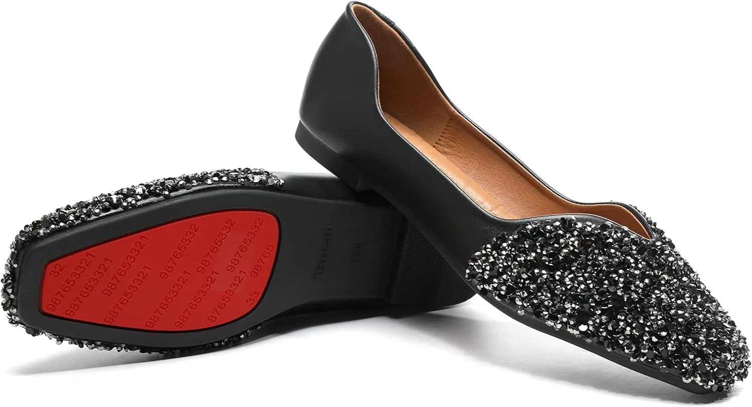 Women Rhinestone Flats Silver,Square Toe Bling Glitter Dressy Casual Bridal Wedding Sparkly Comfortable Shoe