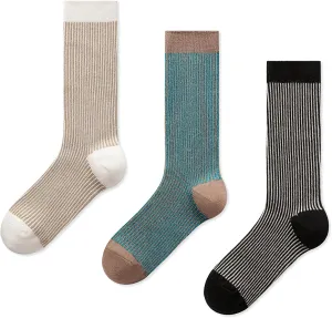 Women's 3-Pack Striped Crew Socks Breathable Cotton Retro Athletic Socks for Everyday