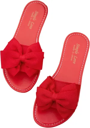 Women's Bow Flat Sandals Dressy Slide Sandals Open Toe Summer Beach Flat Shoes Slippers Slip on Slide