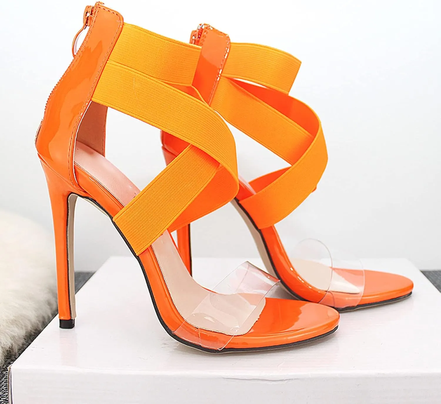 Womens Clear Strap Stiletto Sandals Fashion Snake Pattern Cross Straps Back Zipper Open Toe Thin High Heels Summer Comfortable Casual Shoes