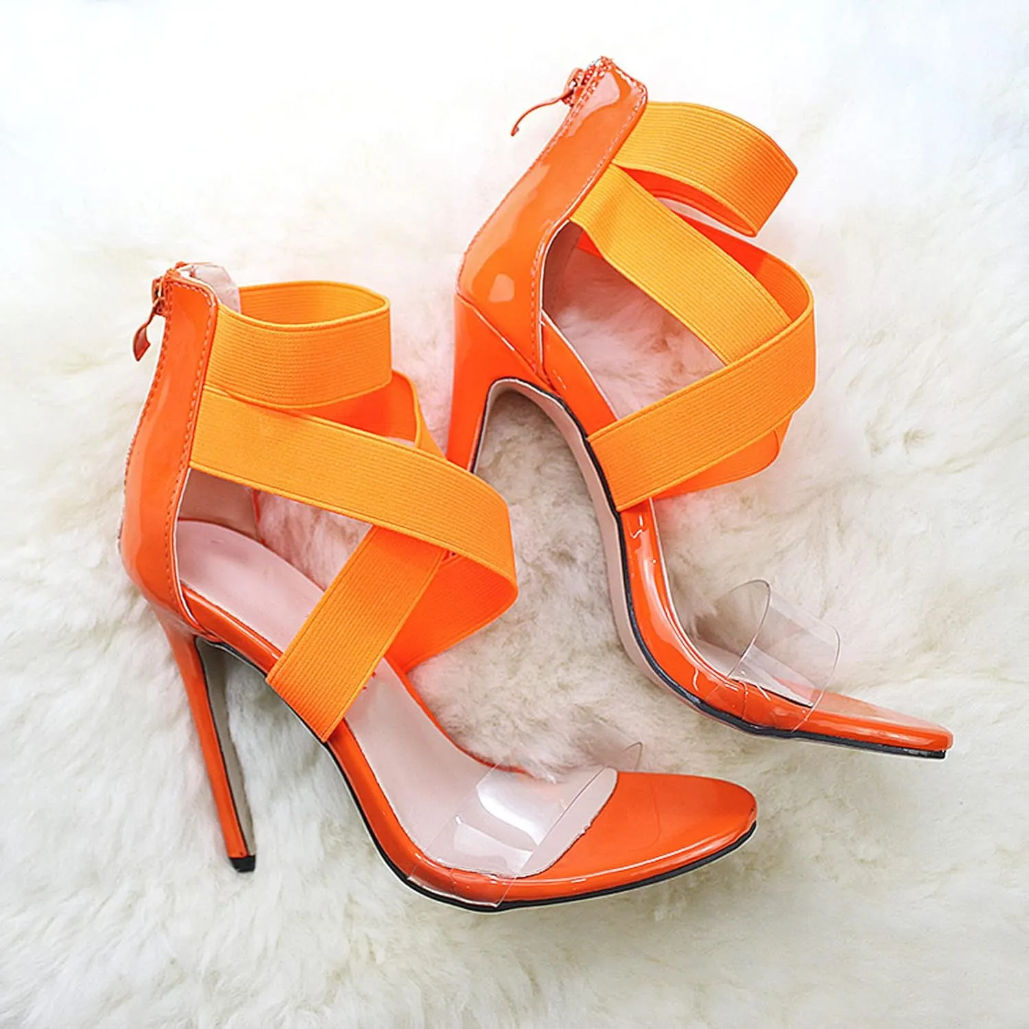 Womens Clear Strap Stiletto Sandals Fashion Snake Pattern Cross Straps Back Zipper Open Toe Thin High Heels Summer Comfortable Casual Shoes