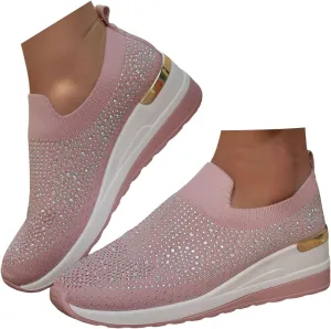 Women's Fashion Glitter Sneakers Platform Wedge Shoes Sparkly Rhinestone Mesh Slip-on Sneakers Breathable Spakle Shoes