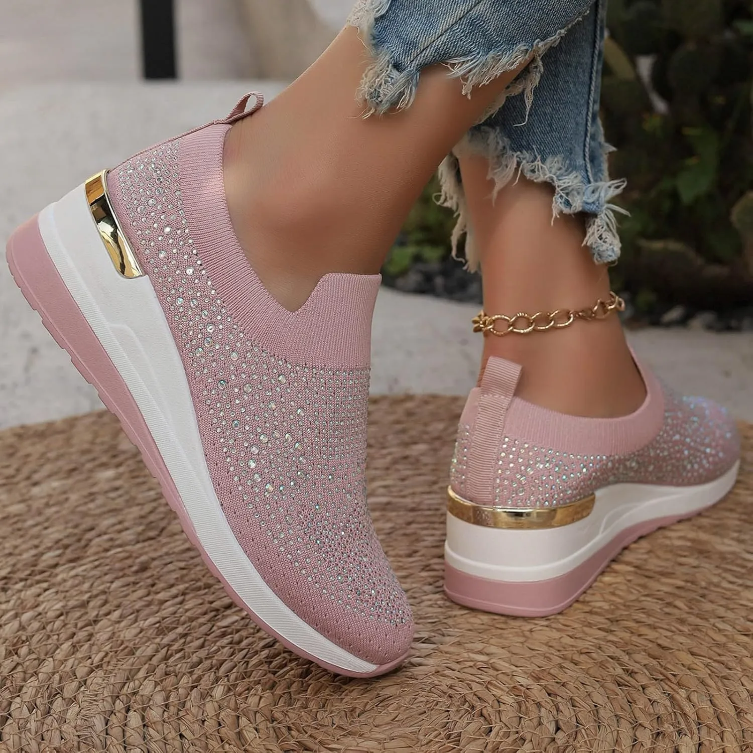 Women's Fashion Glitter Sneakers Platform Wedge Shoes Sparkly Rhinestone Mesh Slip-on Sneakers Breathable Spakle Shoes