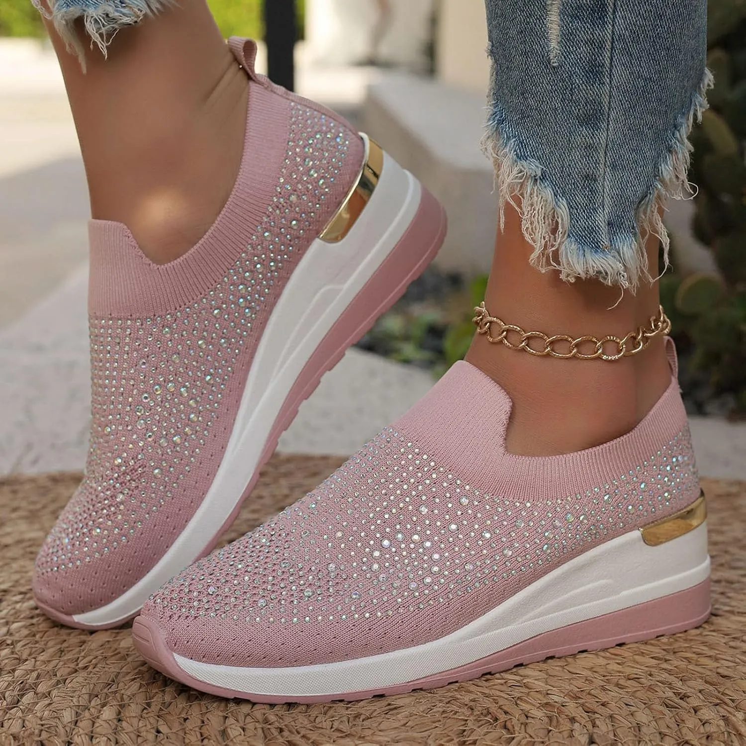 Women's Fashion Glitter Sneakers Platform Wedge Shoes Sparkly Rhinestone Mesh Slip-on Sneakers Breathable Spakle Shoes
