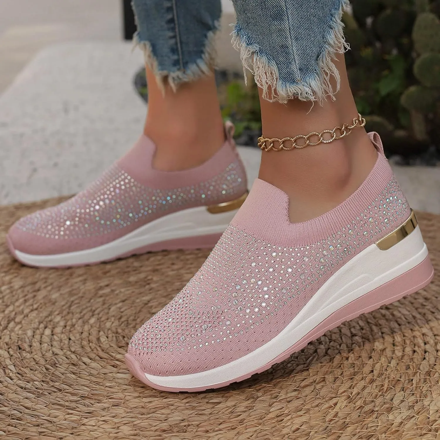 Women's Fashion Glitter Sneakers Platform Wedge Shoes Sparkly Rhinestone Mesh Slip-on Sneakers Breathable Spakle Shoes