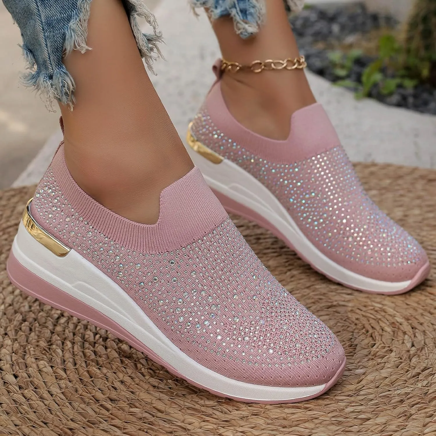 Women's Fashion Glitter Sneakers Platform Wedge Shoes Sparkly Rhinestone Mesh Slip-on Sneakers Breathable Spakle Shoes