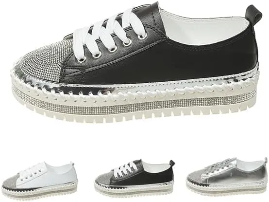 Women's Fashion Rhinestone Slip On Sneakers Casual Comfort Platform Walking Shoes Glitter Bling Lace Up Loafers