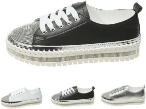 Women's Fashion Rhinestone Slip On Sneakers Casual Comfort Platform Walking Shoes Glitter Bling Lace Up Loafers