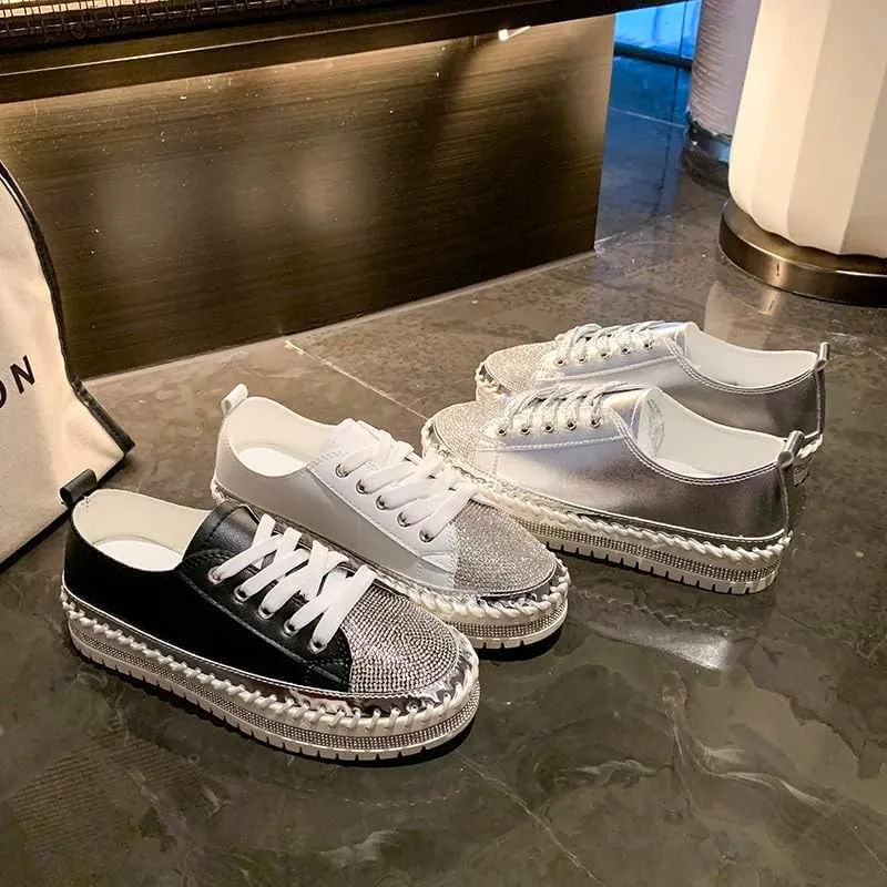 Women's Fashion Rhinestone Slip On Sneakers Casual Comfort Platform Walking Shoes Glitter Bling Lace Up Loafers