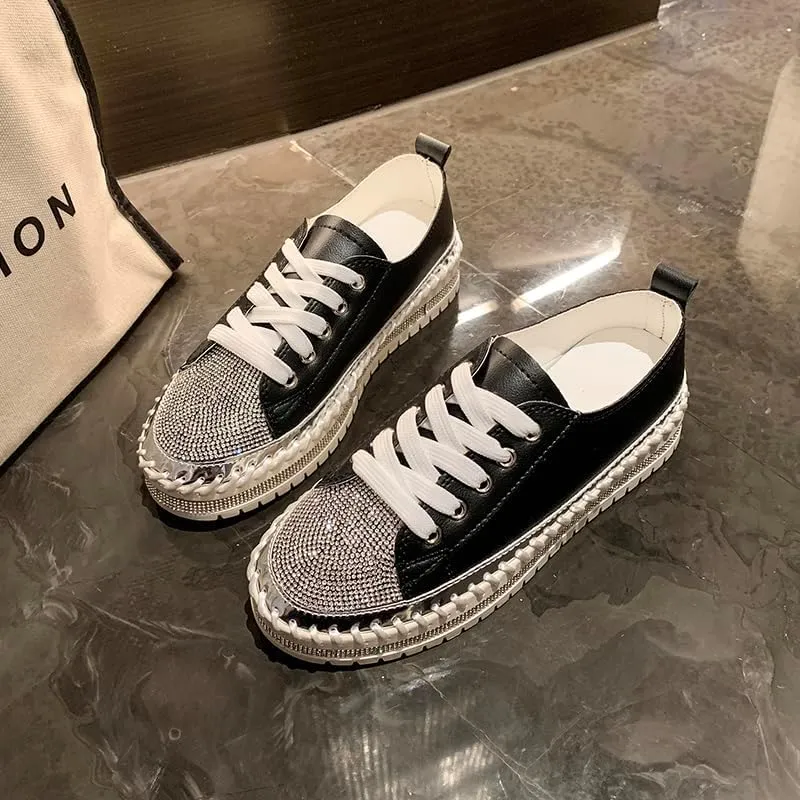 Women's Fashion Rhinestone Slip On Sneakers Casual Comfort Platform Walking Shoes Glitter Bling Lace Up Loafers