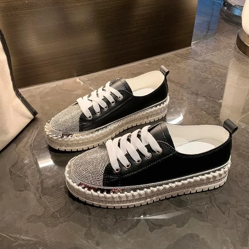 Women's Fashion Rhinestone Slip On Sneakers Casual Comfort Platform Walking Shoes Glitter Bling Lace Up Loafers