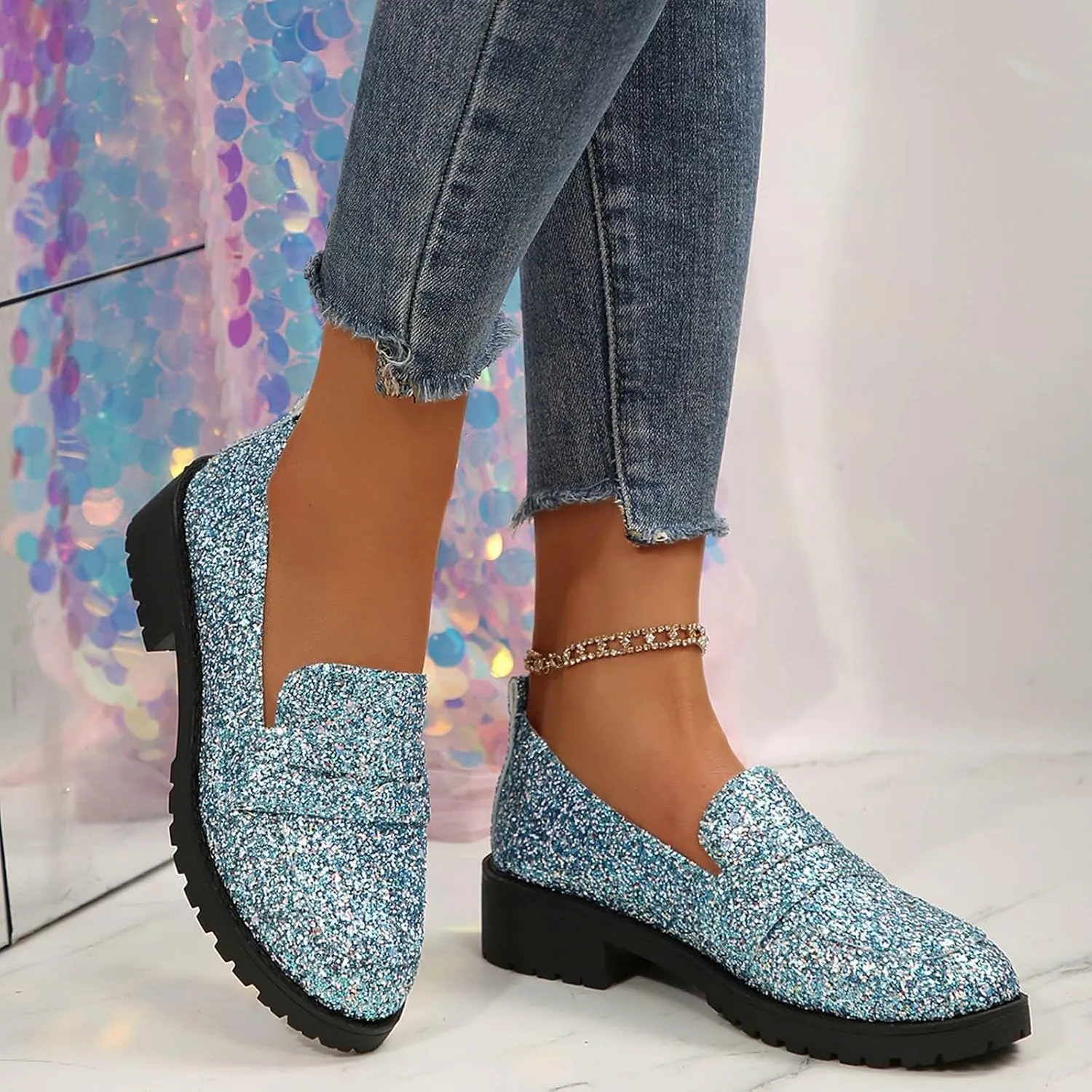 Women's Fashion Sequin Leather Leather Casual Shoes Temperament Comfortable Shoes Memory Foam Shoe Men