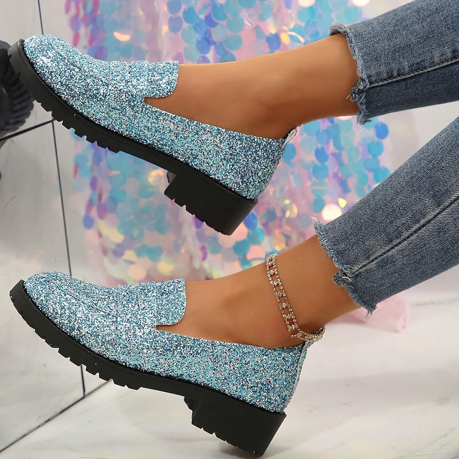 Women's Fashion Sequin Leather Leather Casual Shoes Temperament Comfortable Shoes Memory Foam Shoe Men