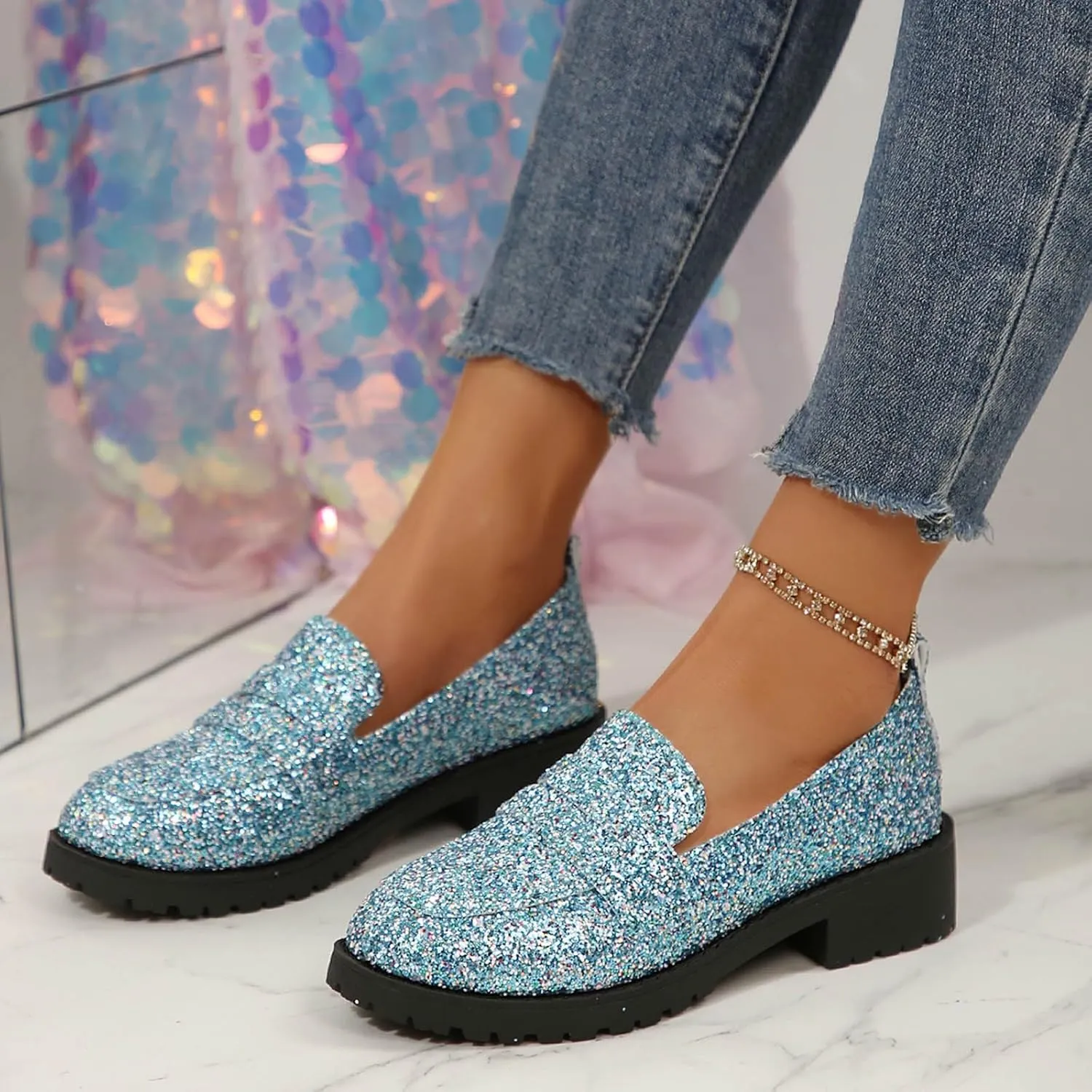 Women's Fashion Sequin Leather Leather Casual Shoes Temperament Comfortable Shoes Memory Foam Shoe Men