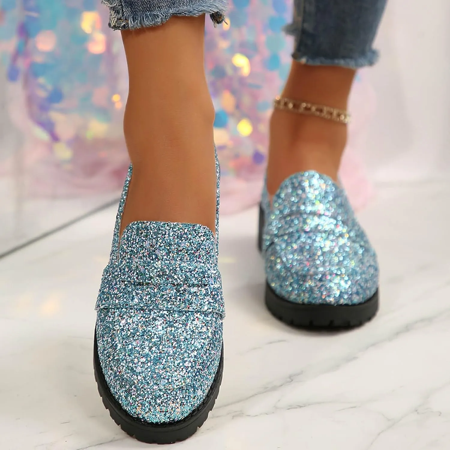 Women's Fashion Sequin Leather Leather Casual Shoes Temperament Comfortable Shoes Memory Foam Shoe Men