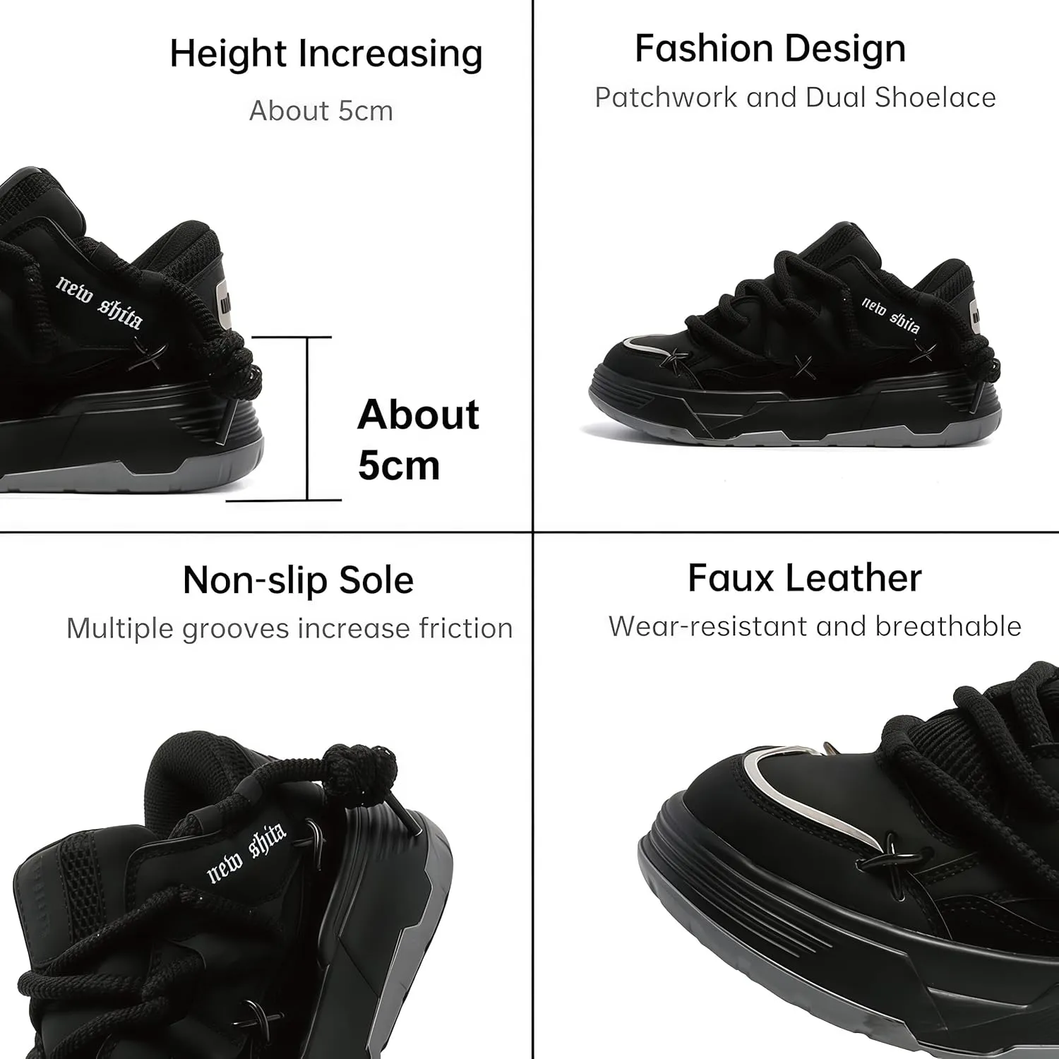 Women’s Faux Leather Fashion Platform Chunky Sneakers Lightweight Breathable Height Increasing Unisex Casual Walking Tennis Running Shoes
