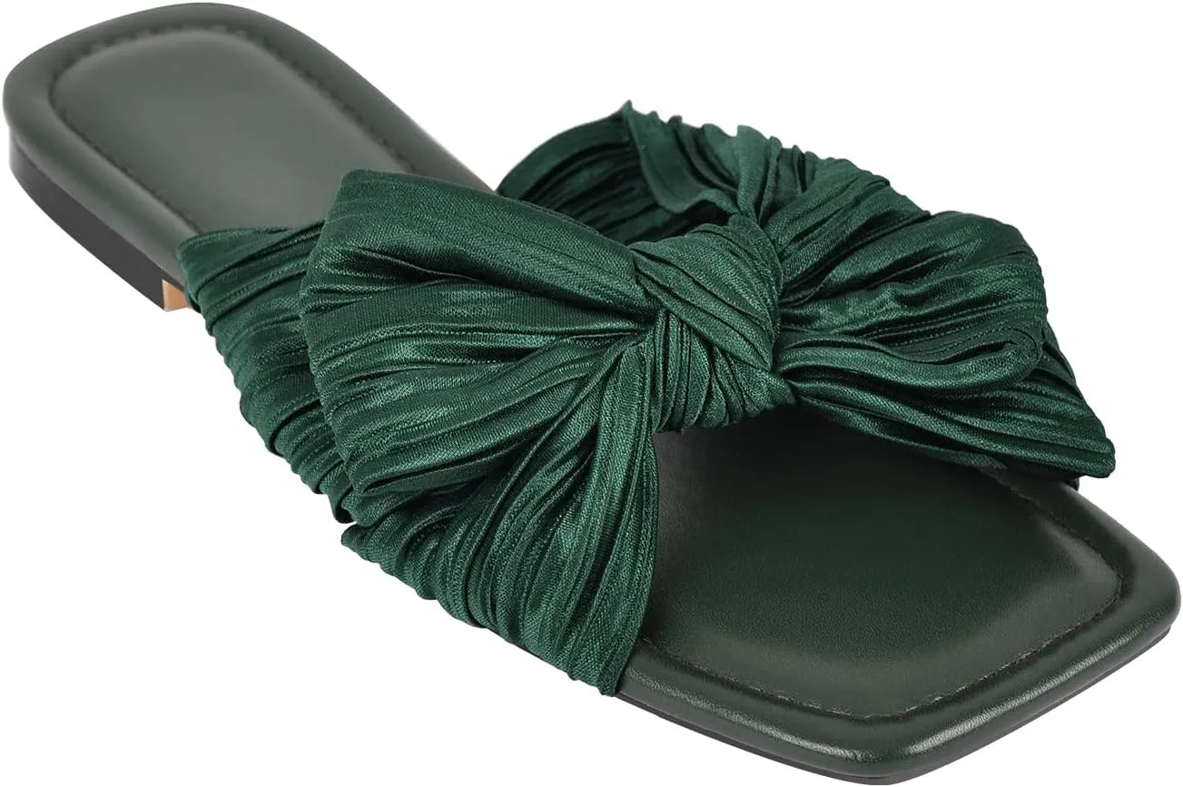 Women's Flat Pleated Bow Sandals for Women Slip on Slide Square Toe Sandals Dressy Beach