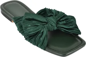 Women's Flat Pleated Bow Sandals for Women Slip on Slide Square Toe Sandals Dressy Beach