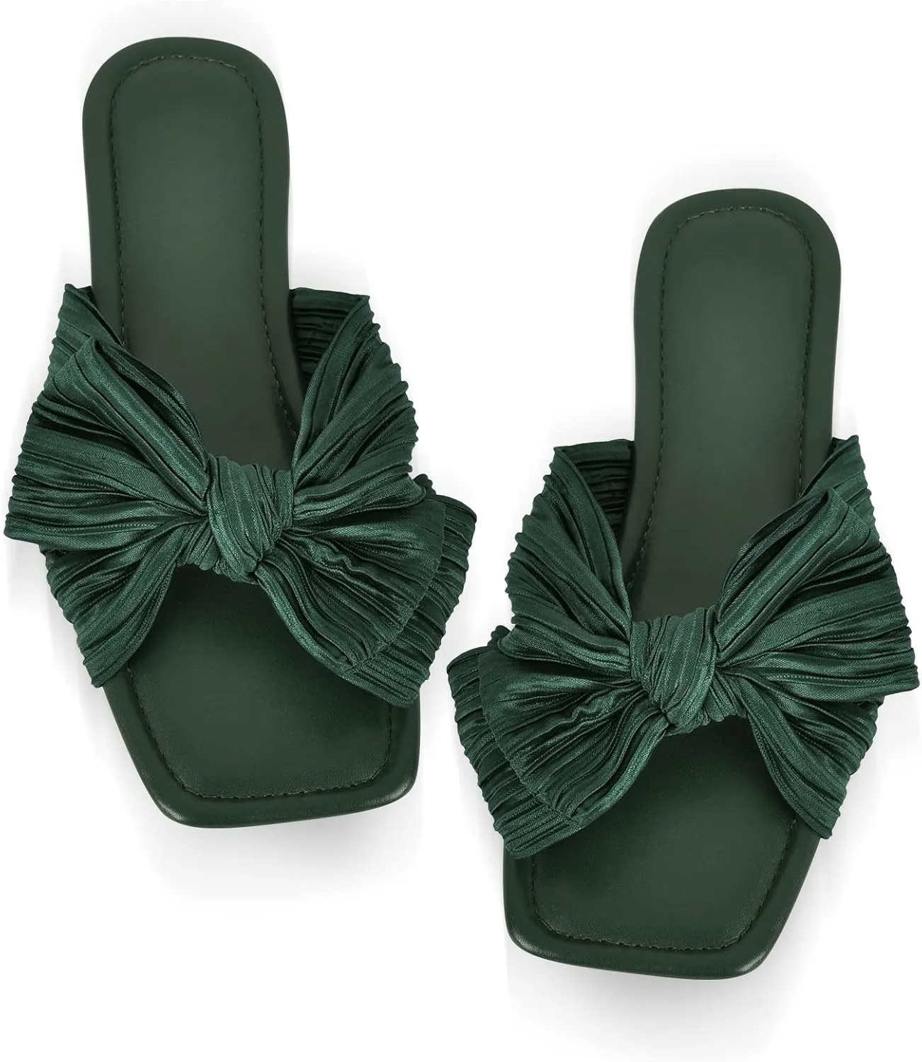 Women's Flat Pleated Bow Sandals for Women Slip on Slide Square Toe Sandals Dressy Beach