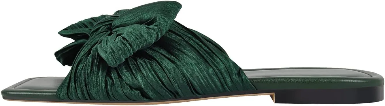 Women's Flat Pleated Bow Sandals for Women Slip on Slide Square Toe Sandals Dressy Beach