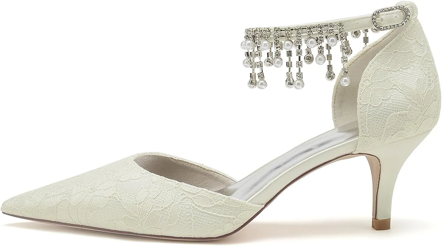 Women's Lace Closed Toe Wedding Bridal Sandals Mid High Heels Crystal Ankle Strap Evening Prom Party Dress Pumps