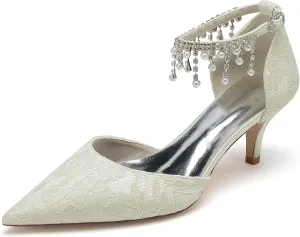 Women's Lace Closed Toe Wedding Bridal Sandals Mid High Heels Crystal Ankle Strap Evening Prom Party Dress Pumps
