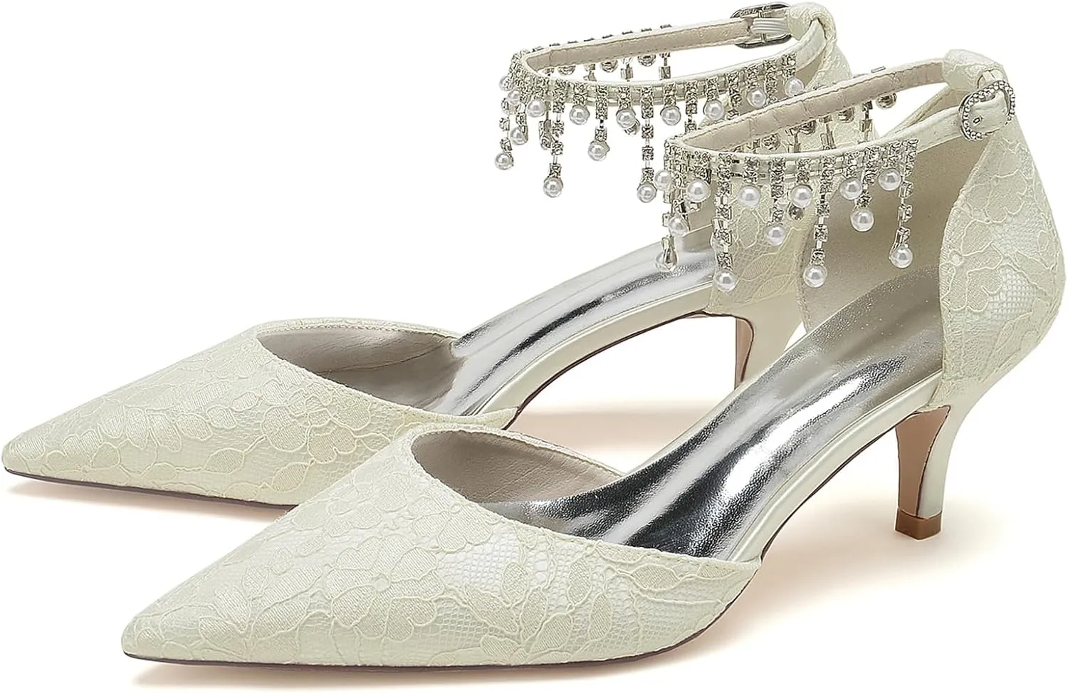Women's Lace Closed Toe Wedding Bridal Sandals Mid High Heels Crystal Ankle Strap Evening Prom Party Dress Pumps