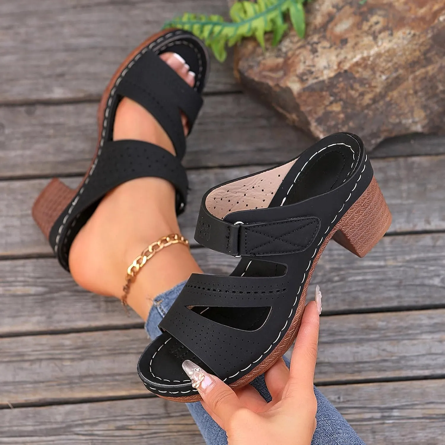 Women's Low Block Chunky Heels Sandals Boho Comfortable Open Toe Party Dress Pump Shoes Non Slip Heeled Sandal Summer Slippers