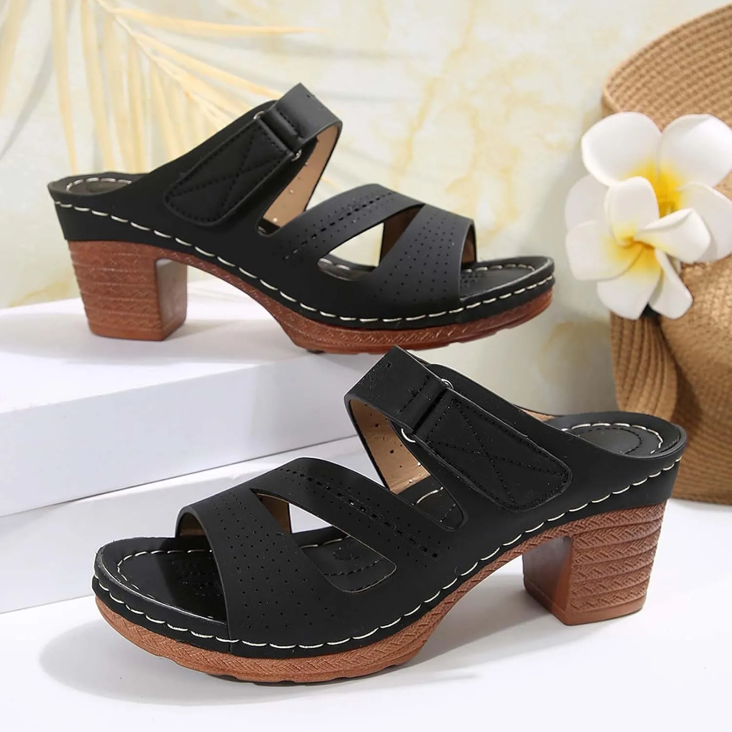 Women's Low Block Chunky Heels Sandals Boho Comfortable Open Toe Party Dress Pump Shoes Non Slip Heeled Sandal Summer Slippers