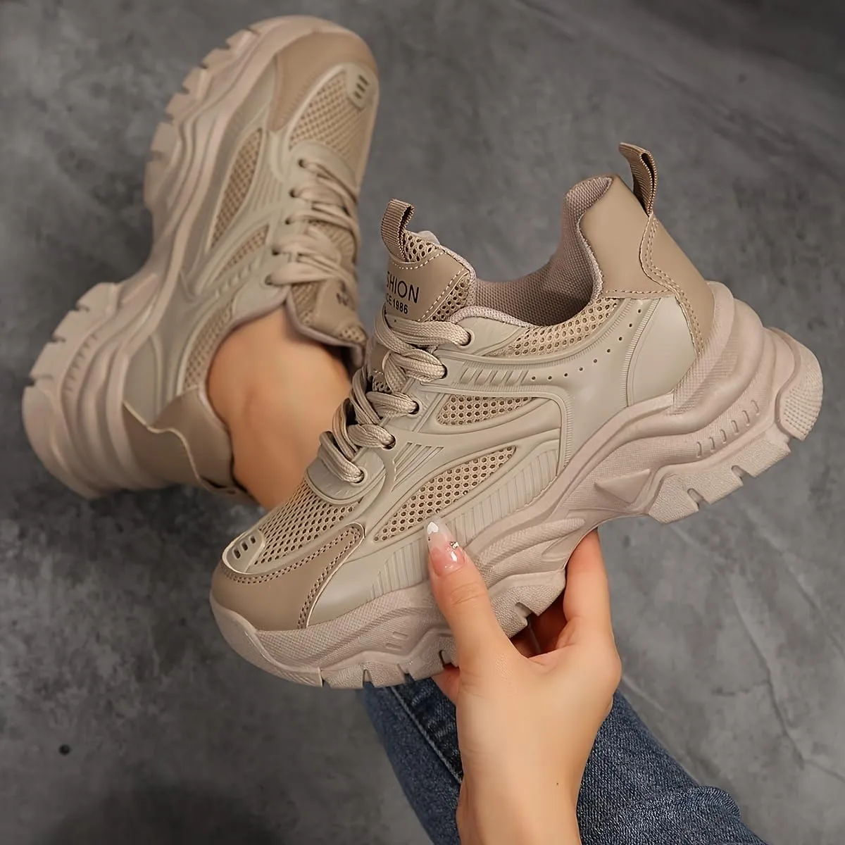 Women's Mesh Chunky Sneakers, Breathable Low Top Running Sports Shoes, Casual Outdoor Walking Trainers