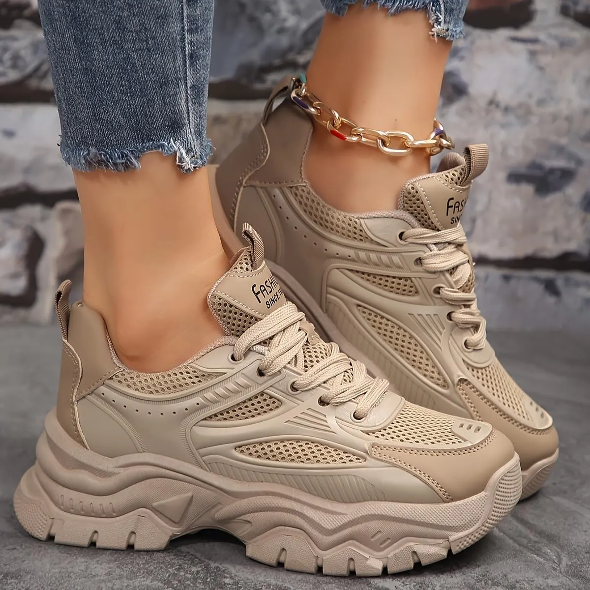 Women's Mesh Chunky Sneakers, Breathable Low Top Running Sports Shoes, Casual Outdoor Walking Trainers