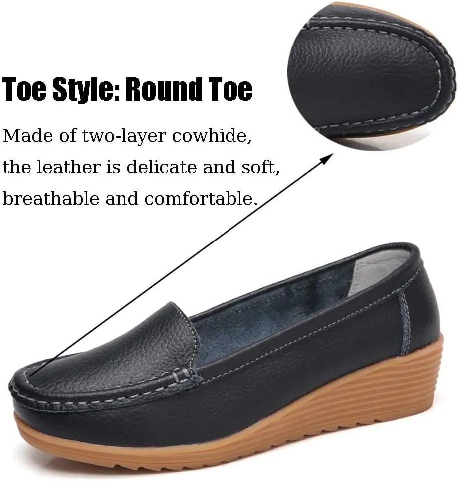 Women's Non Slip Nursing Shoes Leather Comfortable Slip on Flat Shoes Loafers for Restaurant Work
