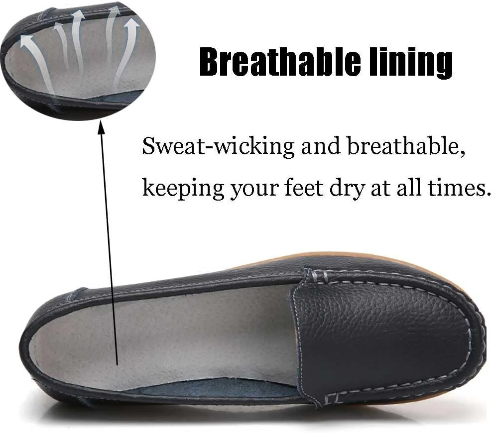 Women's Non Slip Nursing Shoes Leather Comfortable Slip on Flat Shoes Loafers for Restaurant Work
