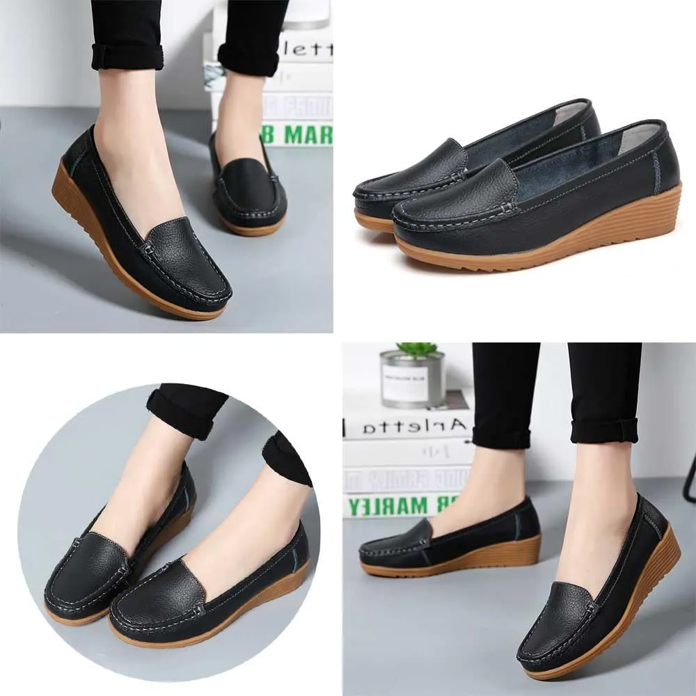 Women's Non Slip Nursing Shoes Leather Comfortable Slip on Flat Shoes Loafers for Restaurant Work