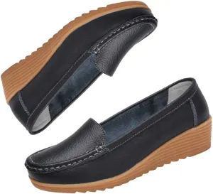 Women's Non Slip Nursing Shoes Leather Comfortable Slip on Flat Shoes Loafers for Restaurant Work