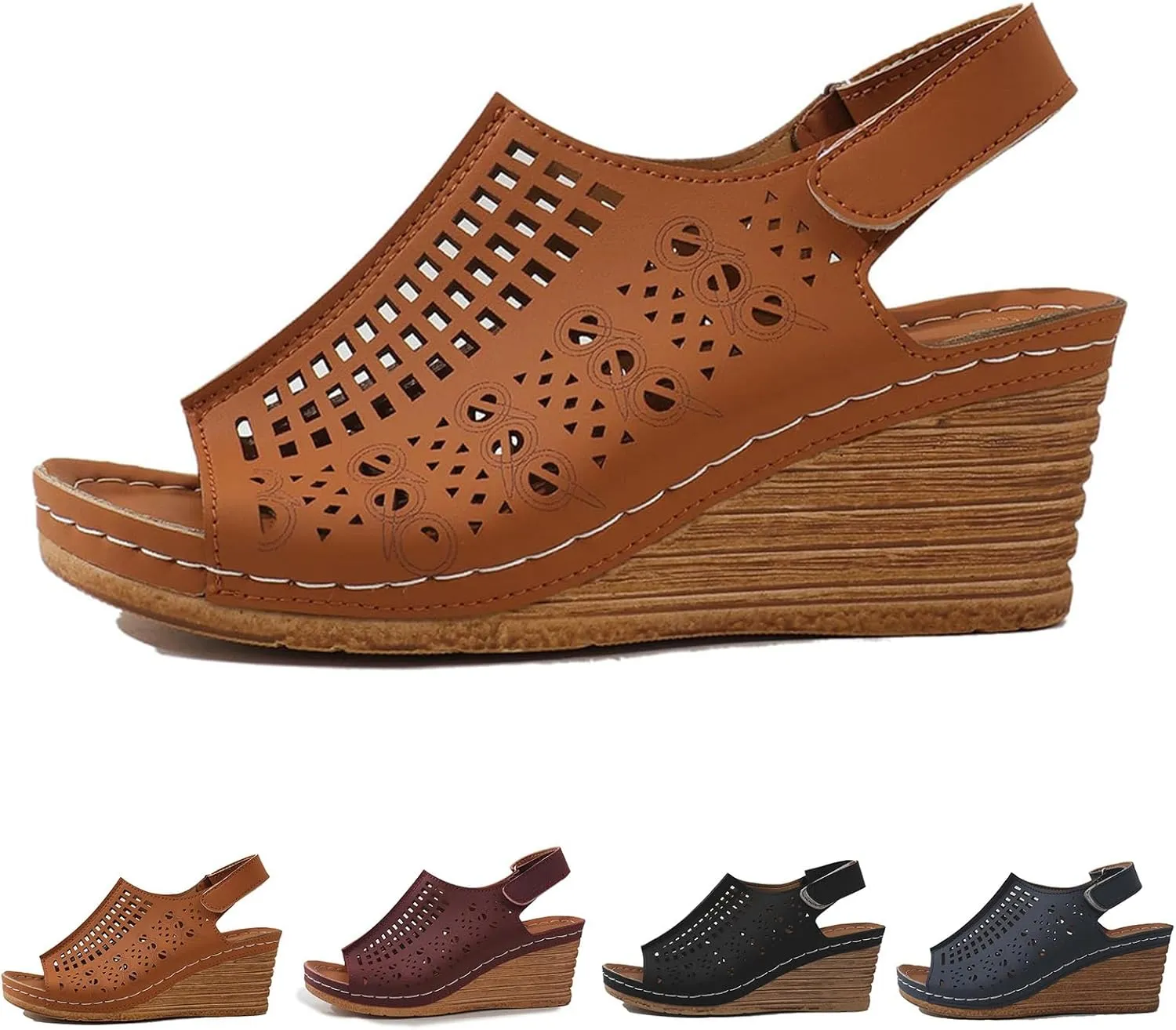 Women's Perforated Slingback Sandal High Heels Open Toe Ankle Strap Wedges Slip On Shoes