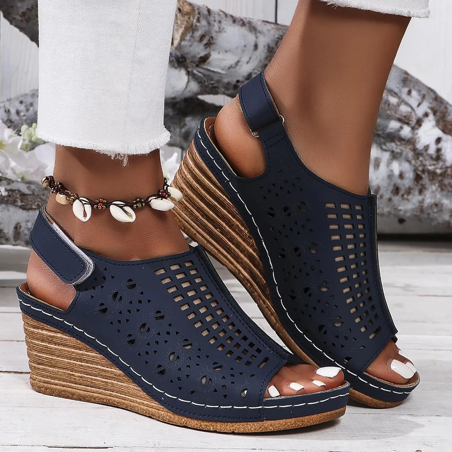 Women's Perforated Slingback Sandal High Heels Open Toe Ankle Strap Wedges Slip On Shoes