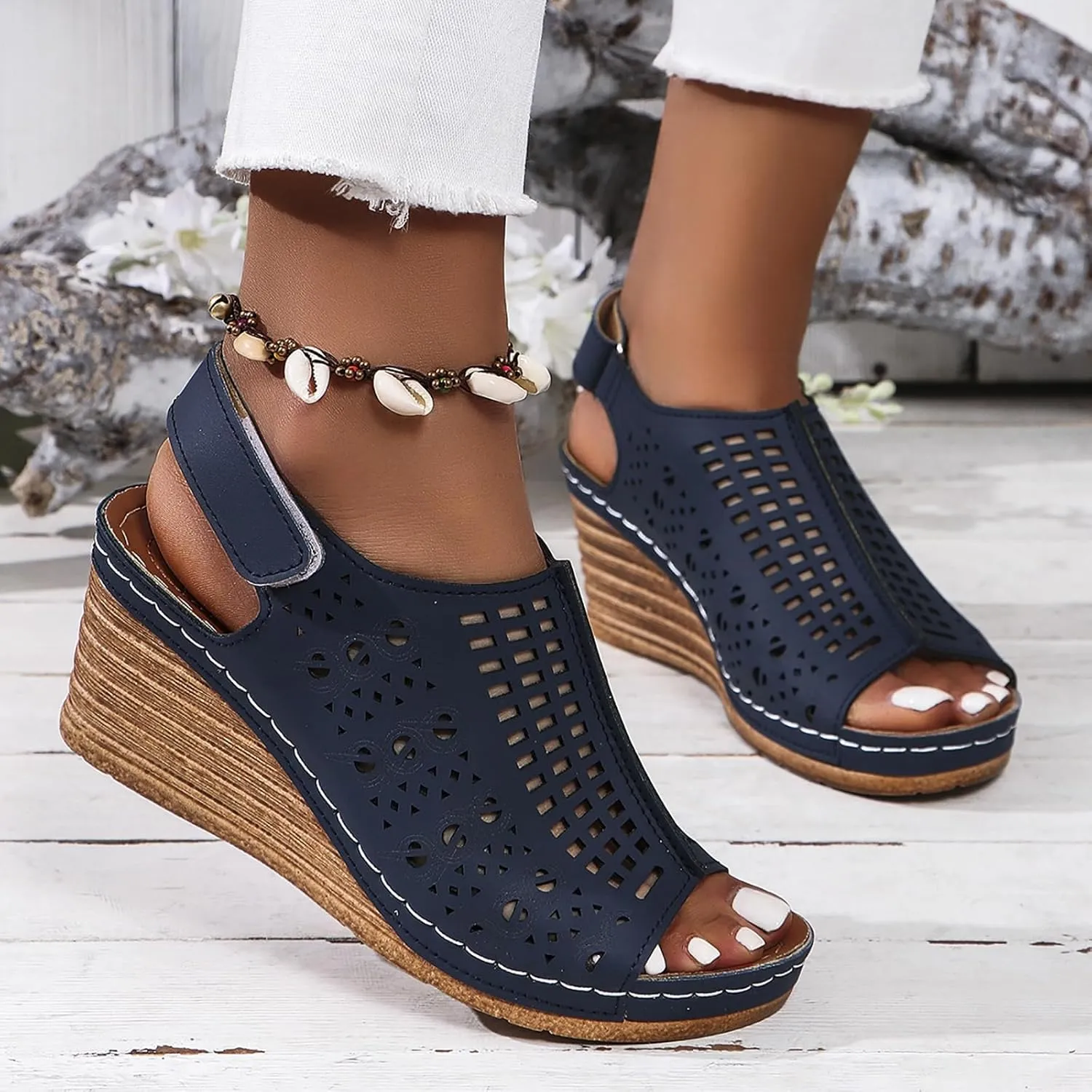 Women's Perforated Slingback Sandal High Heels Open Toe Ankle Strap Wedges Slip On Shoes
