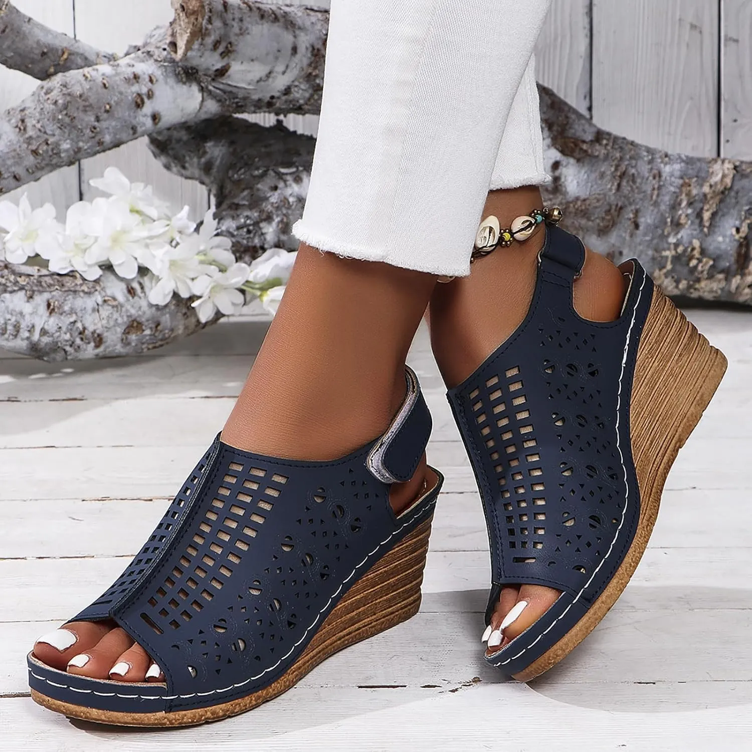 Women's Perforated Slingback Sandal High Heels Open Toe Ankle Strap Wedges Slip On Shoes