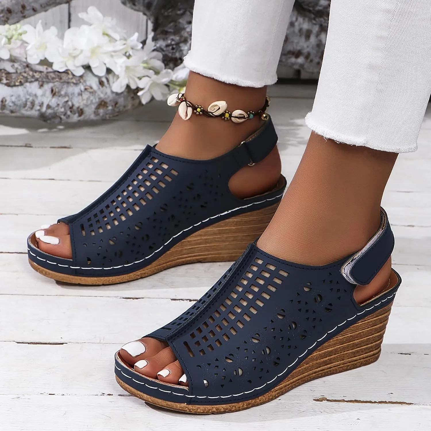 Women's Perforated Slingback Sandal High Heels Open Toe Ankle Strap Wedges Slip On Shoes