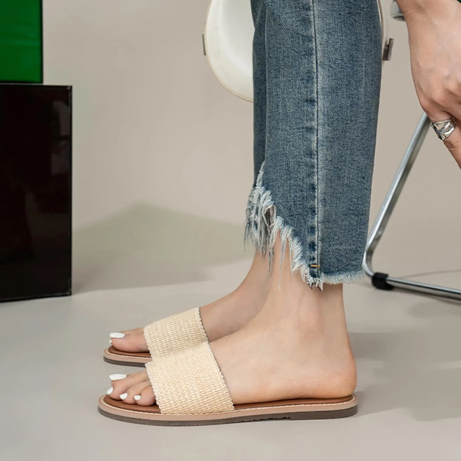 Women's Platform Sandals Summer Casual Slip On Beach Sandals Raffia Flat Sandals
