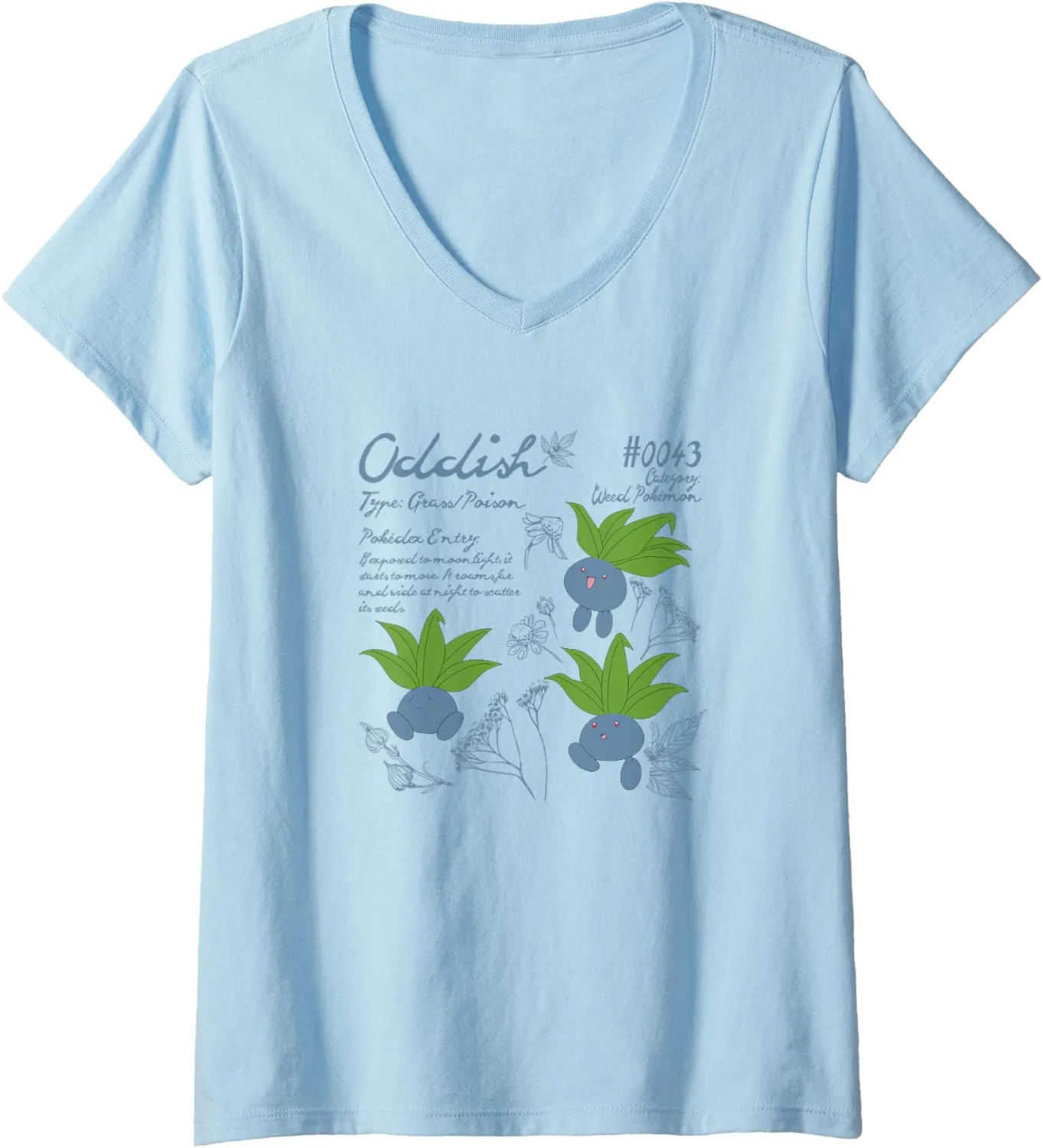 Womens Pokémon Cute Oddish #0043 Pokédex Entry & Type Info V-Neck T-Shirt