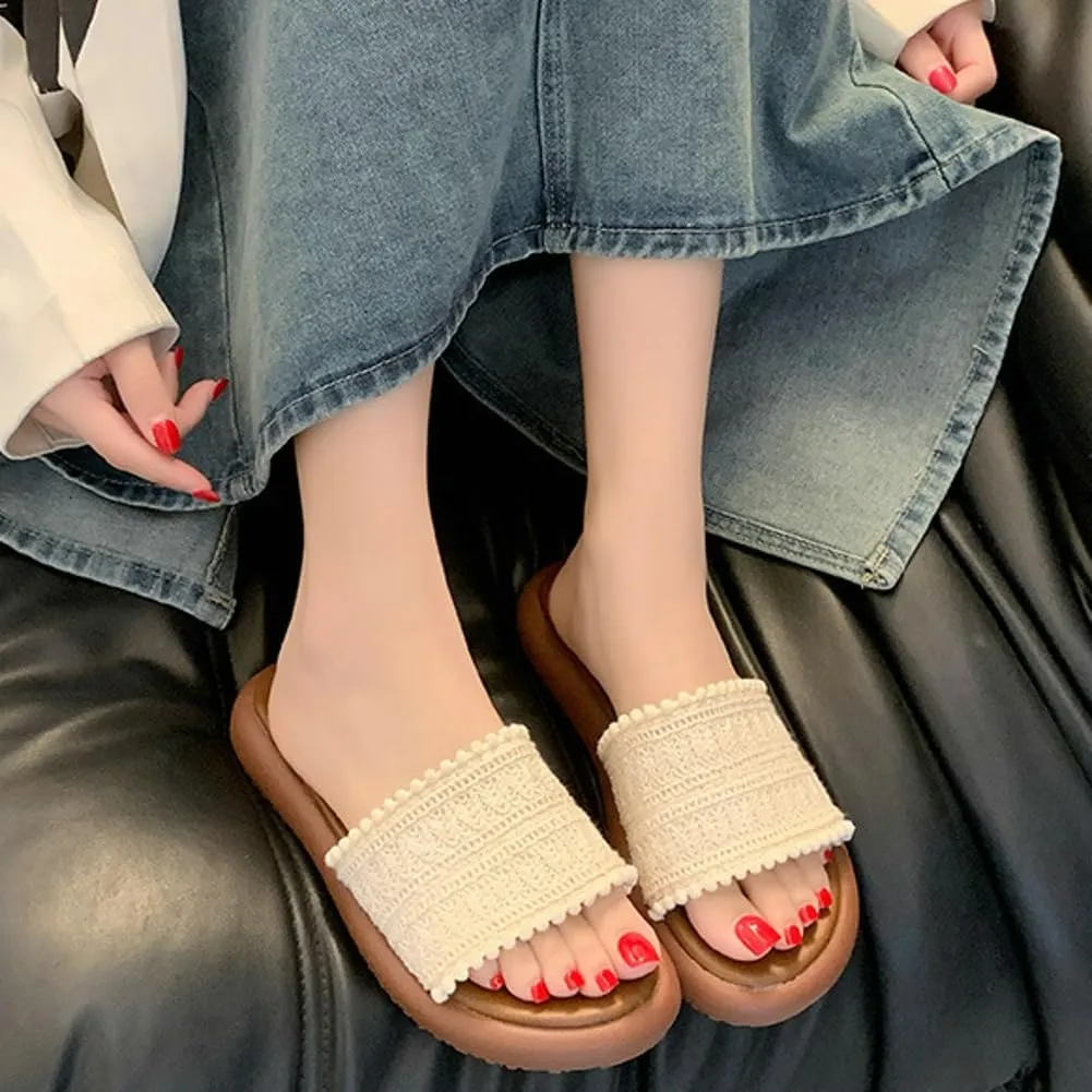 Women’s PU Flat Sandals Fashion Boho Dressy Summer Slippers with Knit Band Open Toe Slip On Beach Slide 2025 Casual Sandals