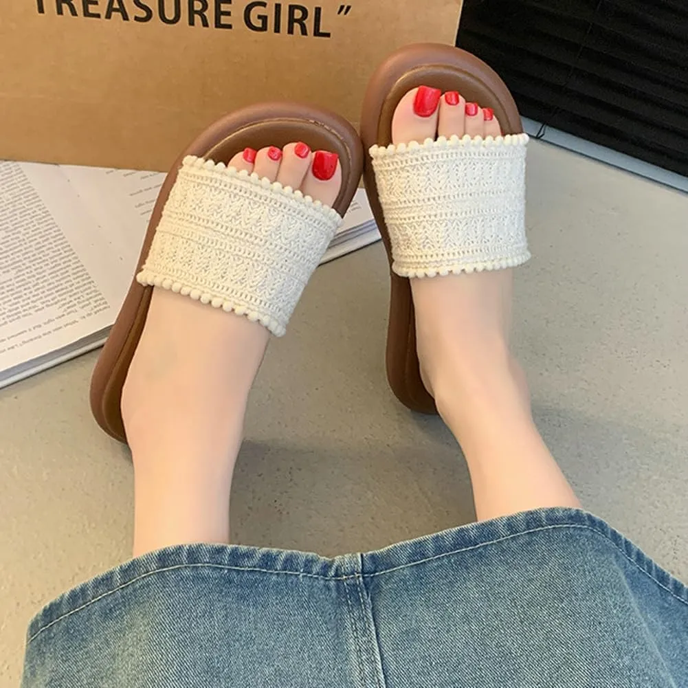 Women’s PU Flat Sandals Fashion Boho Dressy Summer Slippers with Knit Band Open Toe Slip On Beach Slide 2025 Casual Sandals