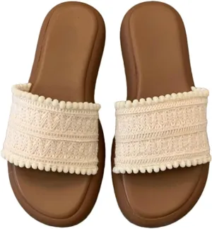Women’s PU Flat Sandals Fashion Boho Dressy Summer Slippers with Knit Band Open Toe Slip On Beach Slide 2025 Casual Sandals