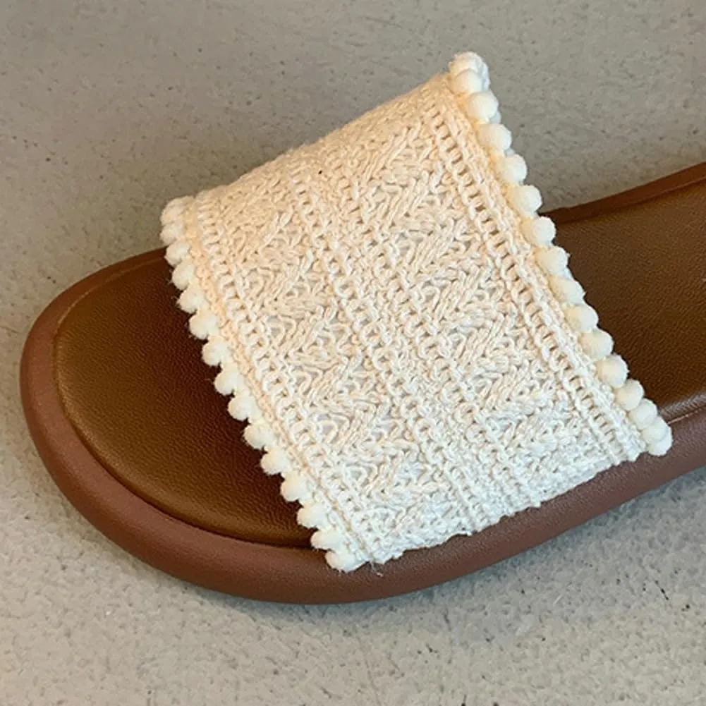 Women’s PU Flat Sandals Fashion Boho Dressy Summer Slippers with Knit Band Open Toe Slip On Beach Slide 2025 Casual Sandals