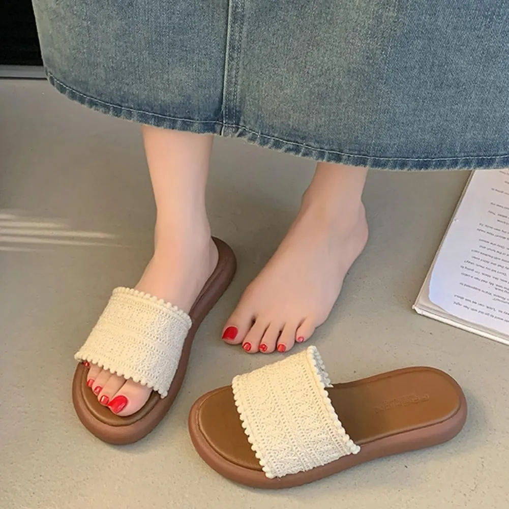 Women’s PU Flat Sandals Fashion Boho Dressy Summer Slippers with Knit Band Open Toe Slip On Beach Slide 2025 Casual Sandals