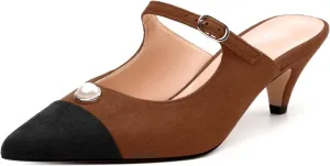Women's Sandals, Pointed Toe Low Kitten Heels, Two Toned Patchwork Fashion Backstrap Buckle Slide Sandal for Working Wedding Party